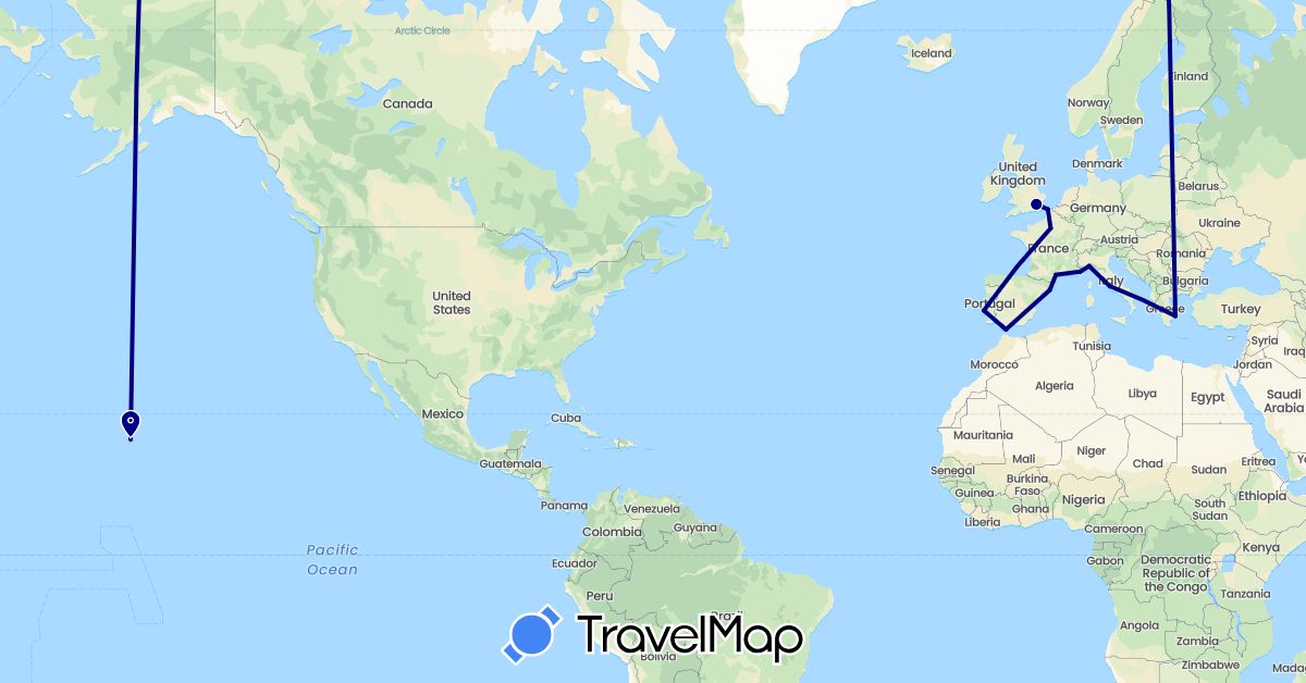 TravelMap itinerary: driving in Spain, France, United Kingdom, Gibraltar, Greece, Italy, Monaco, Portugal, United States (Europe, North America)